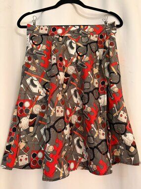 Retrolicious Make Up Beauty A-Line Skirt Pockets Red Gray Size M
